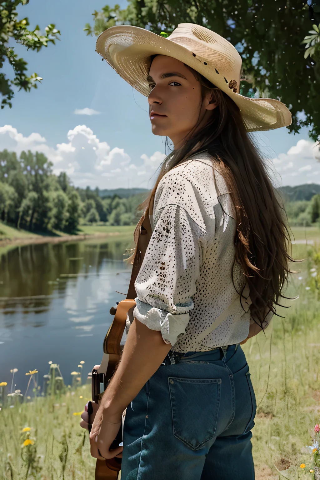 A high-resolution image of a country music singer dressed as a cowboy. He stands facing the horizon, with long curly hair cascading down his back, playing a guitar. He is positioned beside a serene lake, surrounded by lush green trees and colorful wildflowers. The sky above is a clear blue with patchy white clouds. The image should have a warm, nostalgic atmosphere, capturing the essence of country music. The size should be 3000 pixels, with a 1:1 aspect ratio.