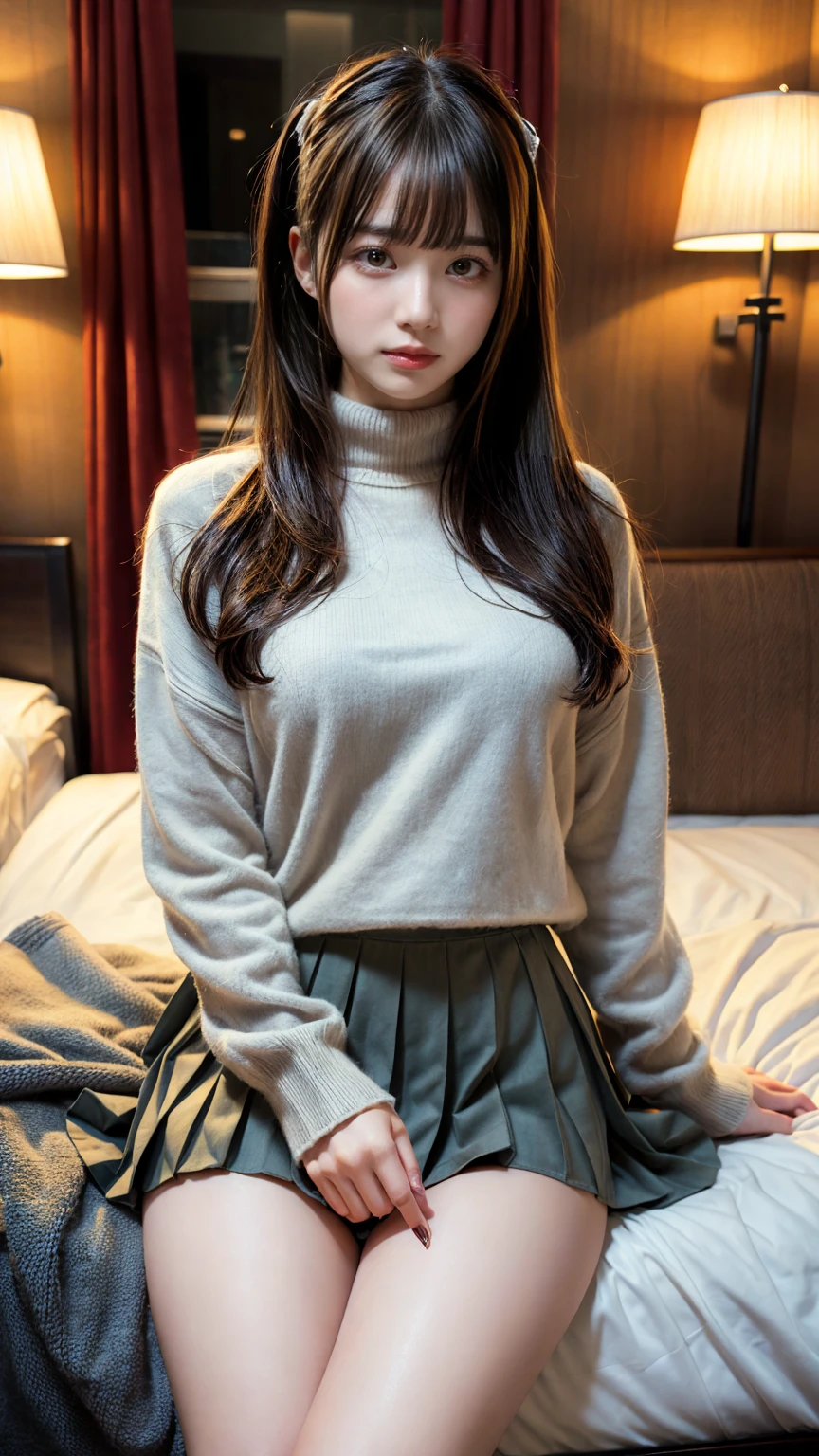 masterpiece, best quality, illustration, Super detailed, fine details, High resolution, 8K,wall paper, perfect dynamic composition,(Details High quality, realistic depiction of eyes:1.3),(Fleece jacket, turtleneck sweater, pleated skirt:1.2), long straight hair, black hair color, Big Natural Color Lip, crying a little、Harajuku style、20 year old girl、cute type、ta、beautiful legs, hotel room, Gravure Idol, Voluptuous thighs