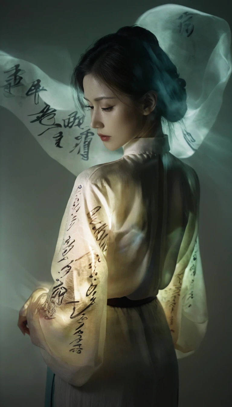 double exposure style,Volumetric lighting,Girl wrapped in a blouse,Arching her back,Traditional clothing,calligraphy ink art,light depth,Dramatic mood lighting,Volumetric lighting,Double image ghosting effect,Image combination,double exposure style,