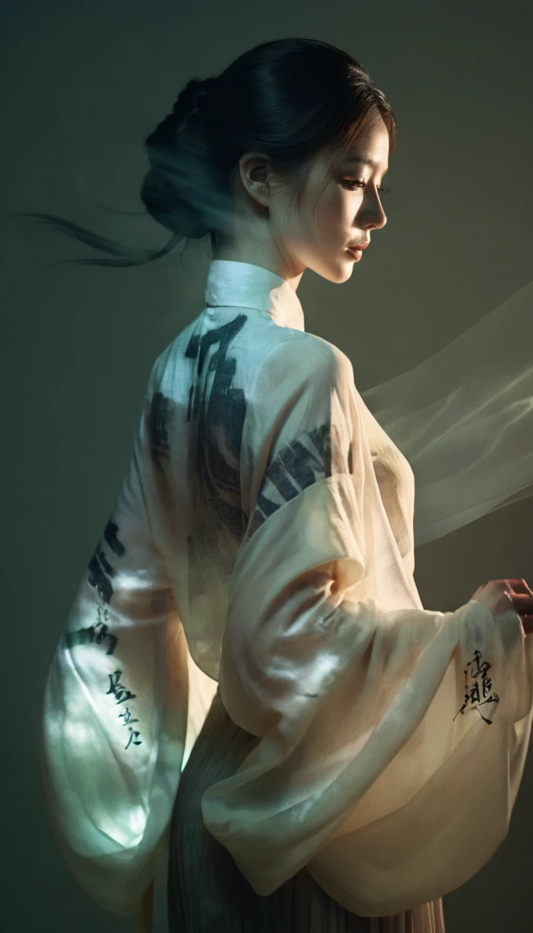 double exposure style,Volumetric lighting,Girl wrapped in a blouse,Arching her back,Traditional clothing,calligraphy ink art,light depth,Dramatic mood lighting,Volumetric lighting,Double image ghosting effect,Image combination,double exposure style,
