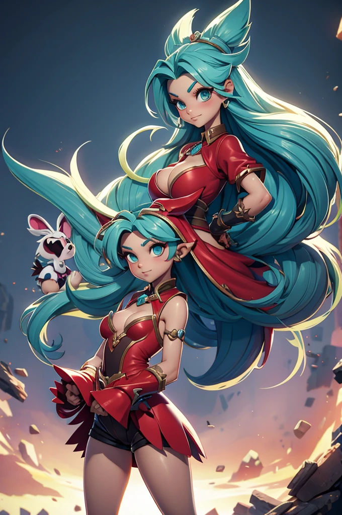 arvore estilo rayman legends, character estilo art rayman legends, girl and boy, corpo inteiro, ESTILO VIKING, acessórios gigantes,giant monster, big breats,Little bunny, (shorts),big breast, , sensuality, red dress