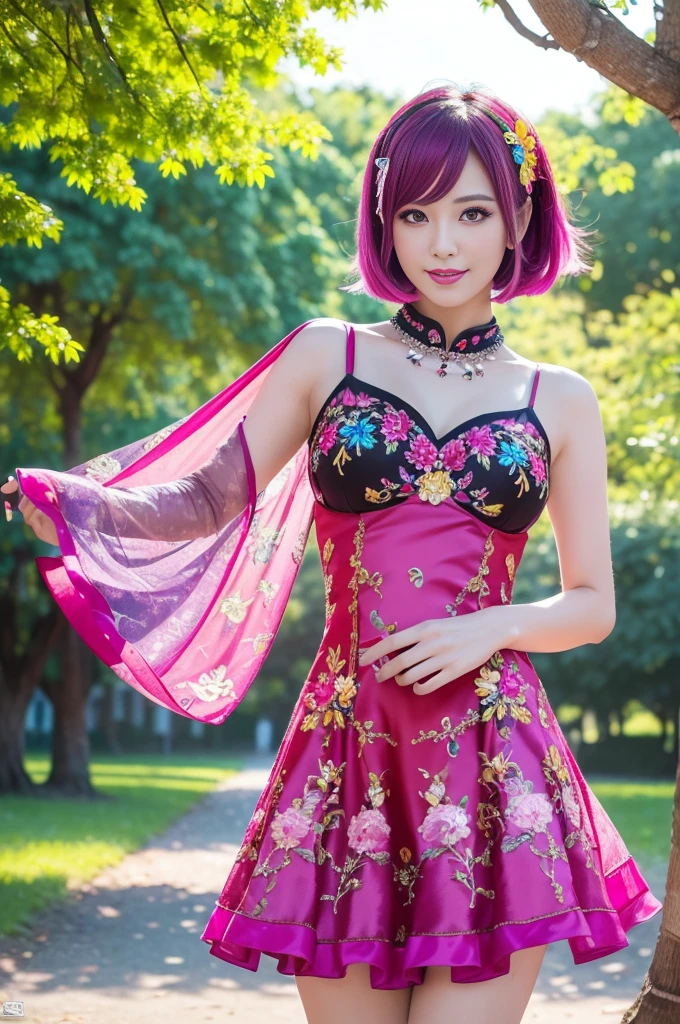 (masterpiece:1.4), (best quality:1.4), ultra high res, ultra high resolution, ((detailed facial features)), HDR, (realistic, photorealistic, photo-realistic:1.37), full body Esbian, sexy Vietnamese model, (-anime), vivid colors, ((vivid colors multicolor (red, fuchsia) very short hair)), (happy smile), lip-gloss, long lashes, ultra detailed metallic makeup, defined eyebrows, wearing large sparkling colorful jewelery, wearing a red silk Paradise Kiss cosplay dress with black floral embroidery, ((vivid colors outfit)), vivid colors, look at the camera, cinematic light, large park background with trees, sweet and sexy pose