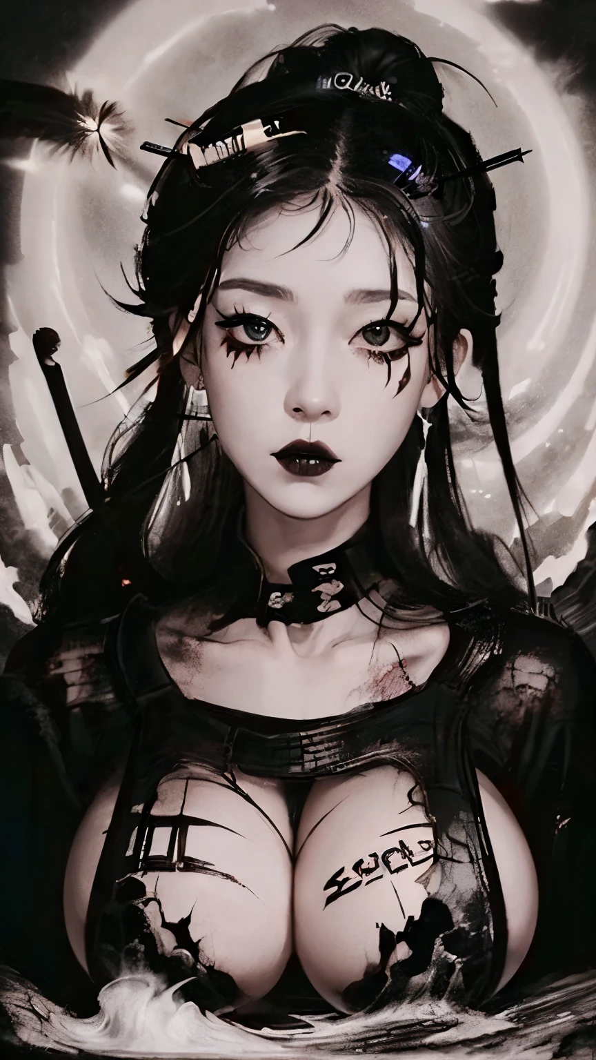 ((top quality, 8 thousand, masterpiece:1.3)) Korean woman, disorderly,receive the light,(Black ponytail), dark eyeshadow, Black lipstick, gothic makeup, (smudged makeup: 1.3), beautiful and delicate hair,delicate red eyes, (huge breasts: 1.7) , in a dark cave, red tattoo, very pale skin, smudged makeup, Indifferent expressions, red circle lenses, goth style clothes, monochrome, (smeared eye line: 1.6)