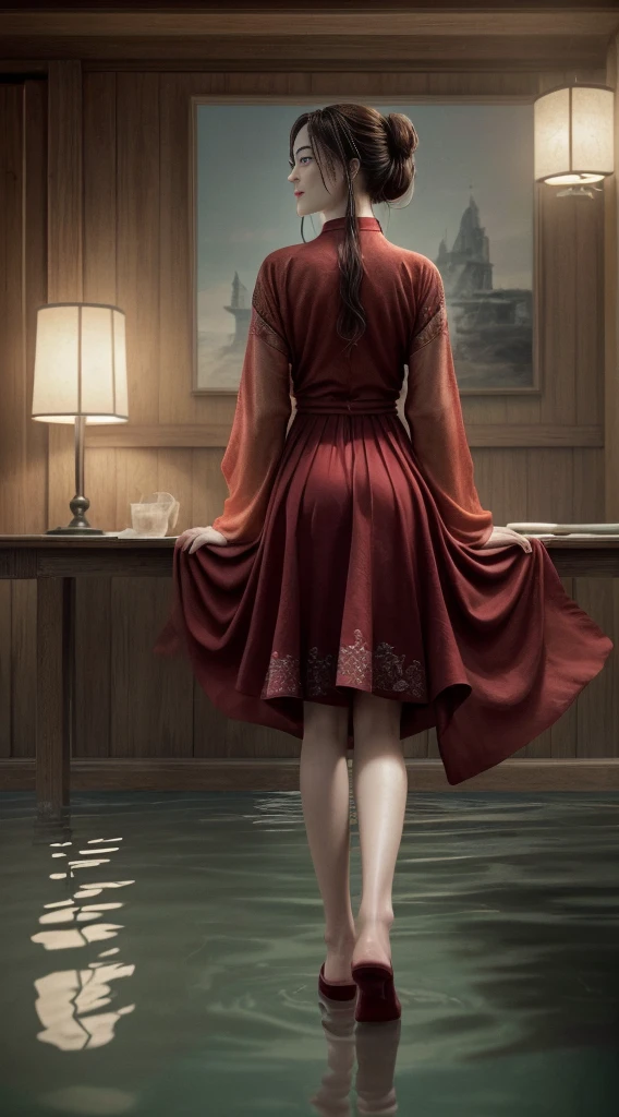 1 girl,standing alone,whole body,sitting down,(balance:1.3),chestnut hair,bare rug,(red long dress:1.2),rugless dress,jewerly,(ssmile:1.3),shy,blush,sexly,hair bun,plantar,(flowers:0.7),from behind,rug,Red lips,water,Scenario,reflection on the surface of the water,(8k, 4K, best qualityer, high resolution:1.1),realisitic,photorealisitic,cover of a magazine,(illustration),(work of art),detailded,Clear, sharp focus,cinematic lighting,(realisitic, photo-realisitic:1.1),beautiful  face,intrikate,highly detailded,digital photograph,(work of art, side lighting, finely detailded beautiful eyes:1.2),HDR,Physically based rendering,professional lighting,Hanfu,Tang Feng
