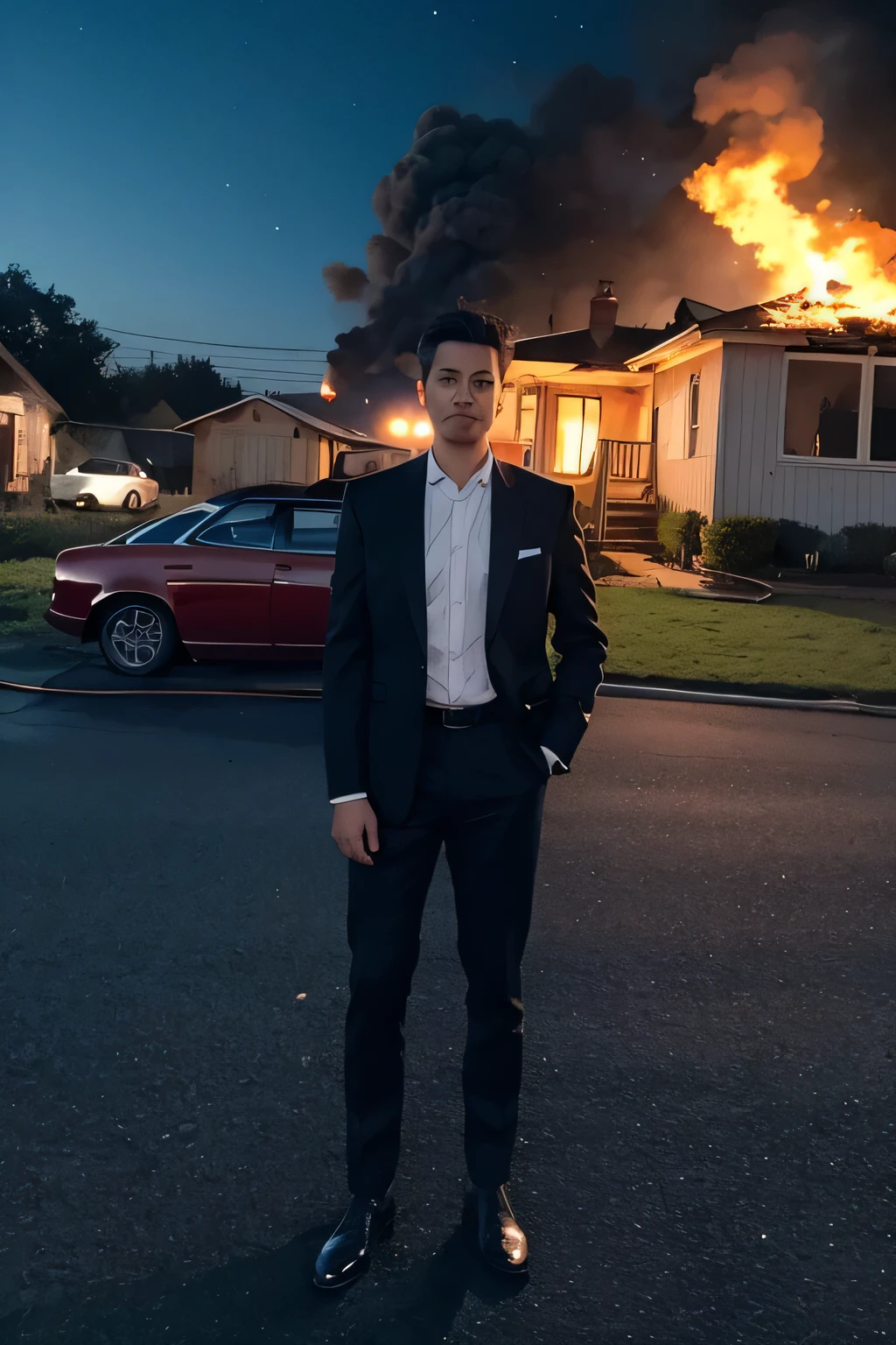 , full body of a man standing like a model, with a burning house in the background,vintage house & car fire,camera digital,night sky