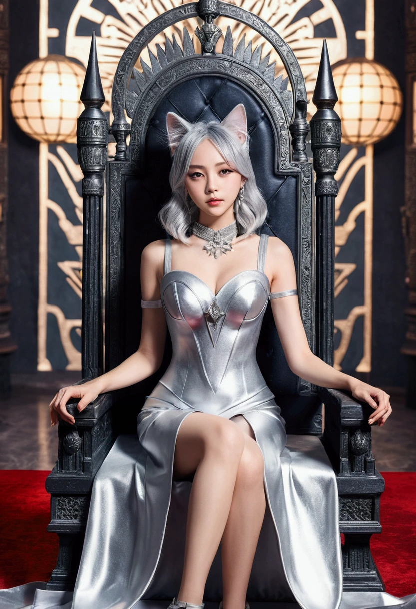 Cat ear、Silver Hair、Silver Dress、((Silver Palace))、technology、Is sitting on the throne