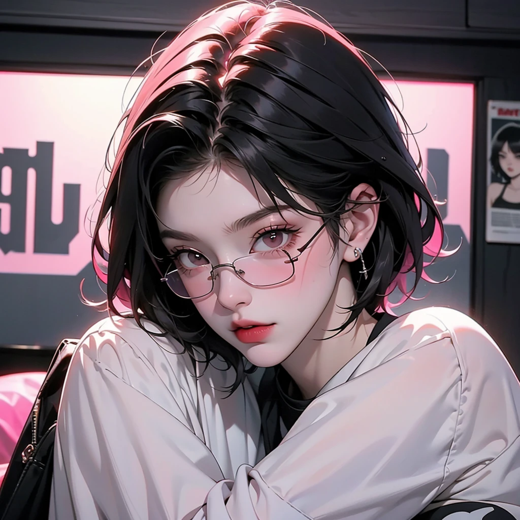 A full-body image of a emo girl with short red hair, wearing sunglasses and a black T-shirt, stands confidently in a room. The room has a pink and rock-themed atmosphere, with posters of rock bands, and a rebellious vibe. The girl embodies an emo style with a cool, edgy look, and her entire body is visible in the frame.