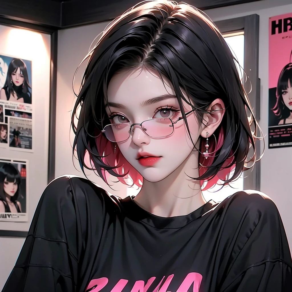 A full-body image of a emo girl with short red hair, wearing sunglasses and a black T-shirt, stands confidently in a room. The room has a pink and rock-themed atmosphere, with posters of rock bands, and a rebellious vibe. The girl embodies an emo style with a cool, edgy look, and her entire body is visible in the frame.