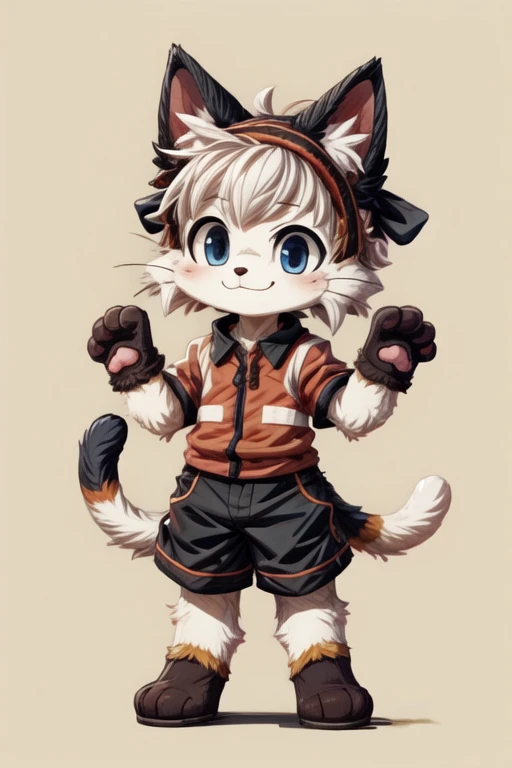 score_9, score_8_up, score_7_up, with Short sleeves , fake animal ears, animal ears, cat ears, paw gloves, cat paws, paw pose, smile, standing, simple background