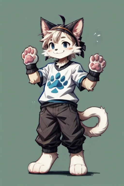 score_9, score_8_up, score_7_up, with Short sleeves , fake animal ears, animal ears, cat ears, paw gloves, cat paws, paw pose, smile, standing, simple background