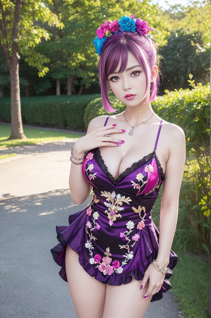 "Ayane" (best quality,4K,8k,high resolution,artwork:1.2), ultra-detailed, realistic:1.37, Portraits, vibrant colors, natural lighting, mesmerizing red eyes, purple hair, flawless face, symmetrical features, perfect body, makeup to correct flaws, wearing a black dress with white lace