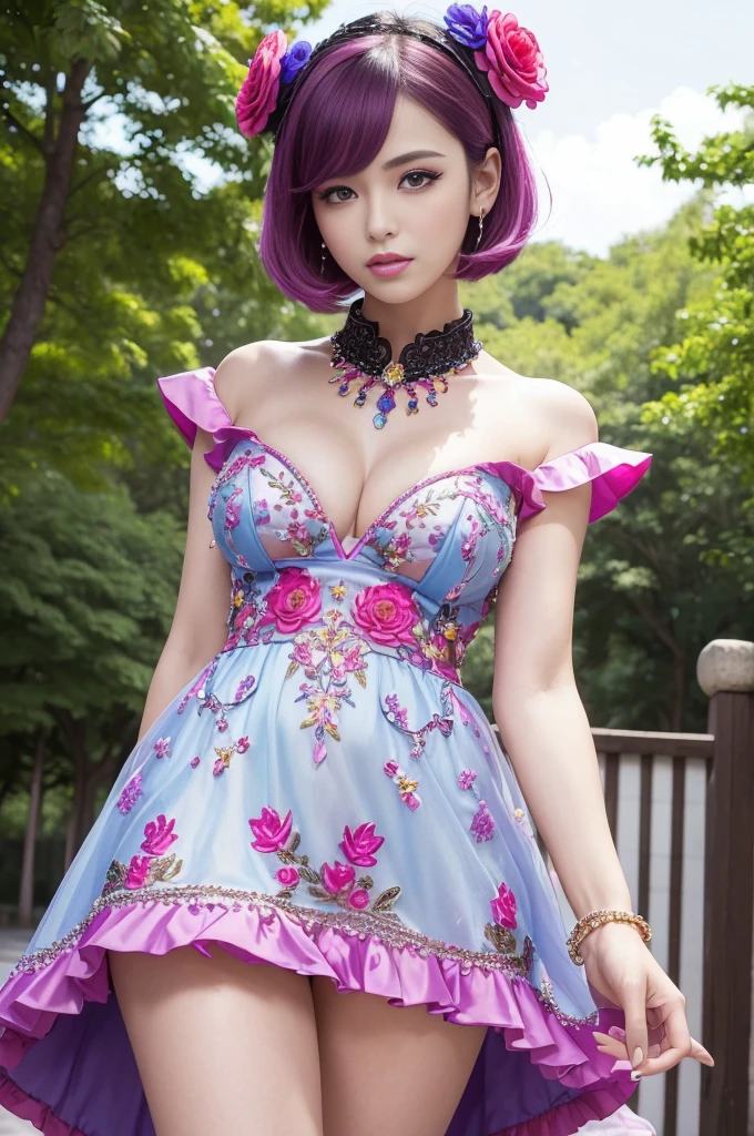 (masterpiece:1.4), (best quality:1.4), ultra high res, ultra high resolution, ((detailed facial features)), HDR, (realistic, photorealistic, photo-realistic:1.37), full body Esbian, sexy swedish model, (-anime), only 1 model, vivid colors, ((vivid colors multicolor (fuchsia, pink, light blue, purple) very short hair)), (seductive smile), lip-gloss, long lashes, defined eyebrows, wearing large sparkling colorful jewelery, wearing a red silk Paradise Kiss cosplay dress with black floral embroidery, ((vivid colors outfit)), vivid colors, look at the camera, cinematic light, large park background with trees, sweet and sexy pose