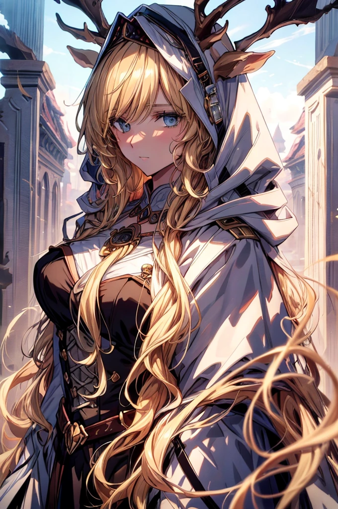 (Best quality at best, 4K, 8K, A high resolution, tmasterpiece:1.2), ultra - detailed, Noble maiden, exquisite facial features，Long blonde curly hair details expressed, Beautiful posture, Fantastical Atmosphere, expressive brush strokes, mystical ambiance, Artistic interpretation,Delicate curls，Detailed floral jewelry, Crystal diamond jewelry，Small fresh aesthetics，Stunning intricate costumes, Fantasy illustration, Subtle colors and tones, The details have been upgraded