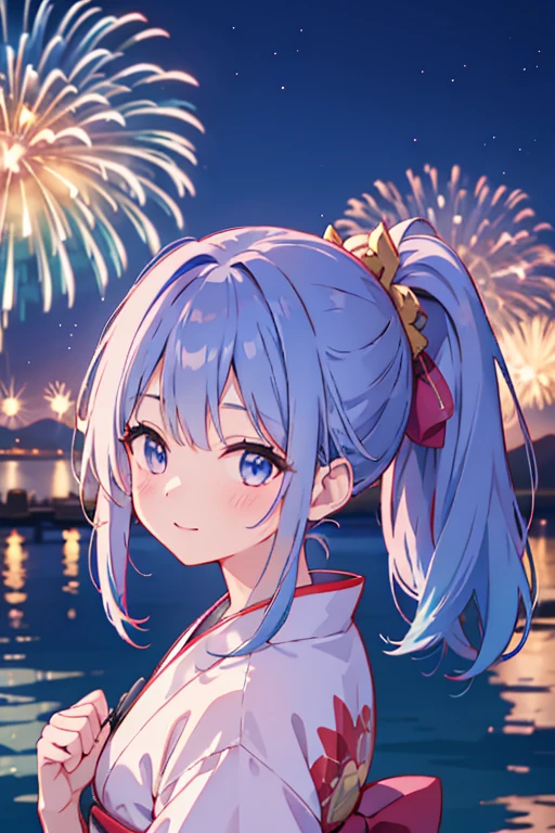 Blue Hair Girl、Tie long hair in a ponytail、Yukata、Lake at night、Many fireworks burst into the sky、Fireworks reflected on the lake