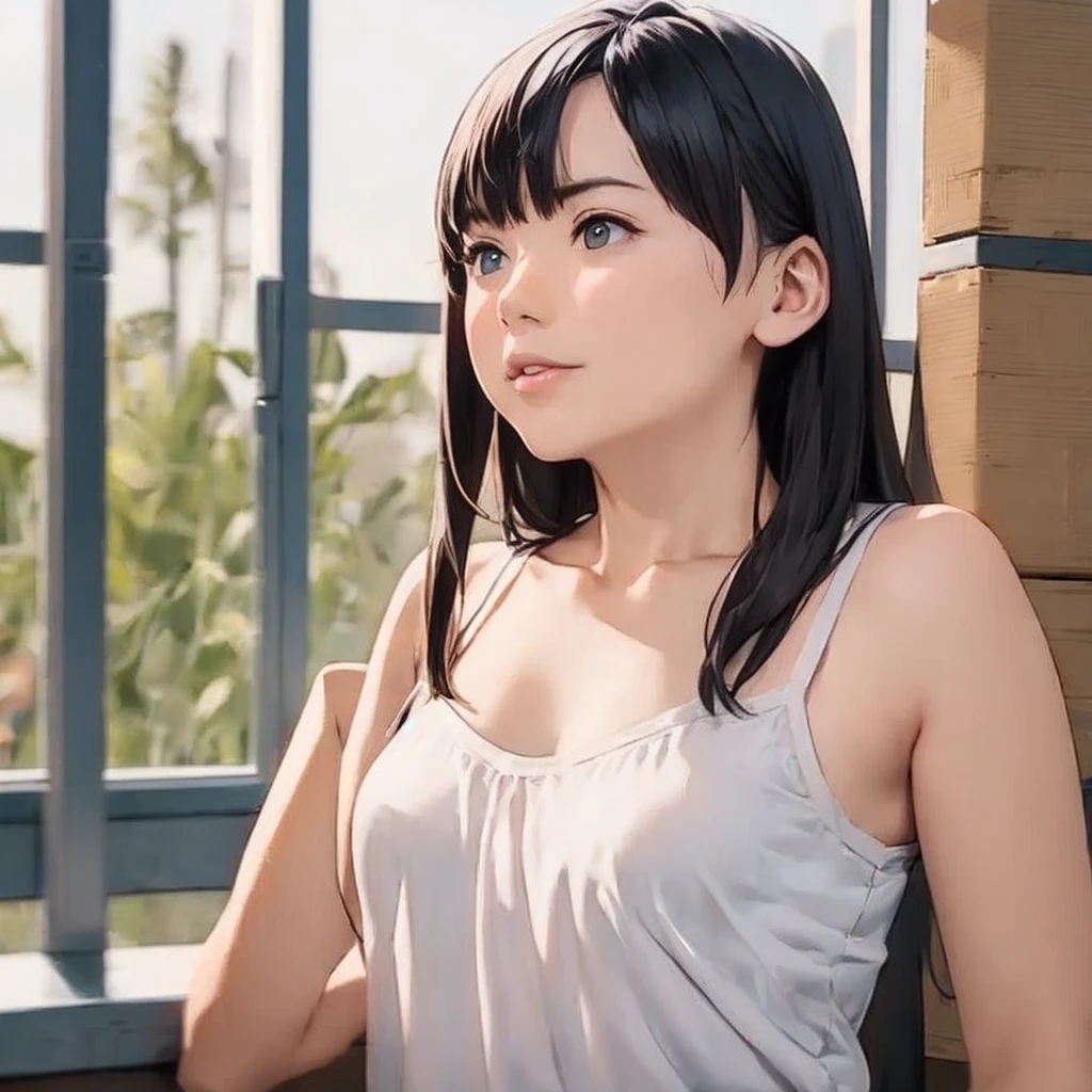 15yo, slender girl, (make up:1.1), (white short camisole:1.2), small breasts, at school room, (upper body shot:1.1), cowboy shot