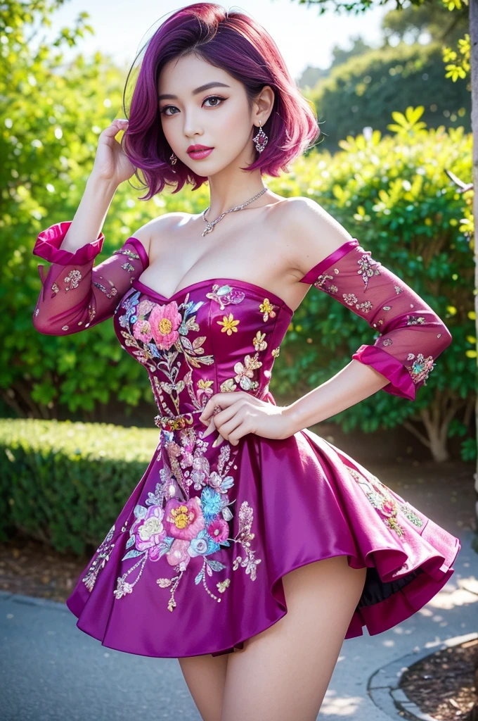 (masterpiece:1.4), (best quality:1.4), ultra high res, ultra high resolution, ((detailed facial features)), HDR, (realistic, photorealistic, photo-realistic:1.37), full body Esbian, sexy swedish model, (-anime), only 1 model, vivid colors, ((vivid colors multicolor (fuchsia, pink, light blue, purple) very short hair)), (seductive smile), lip-gloss, long lashes, defined eyebrows, wearing large sparkling colorful jewelery, wearing a red silk Paradise Kiss cosplay dress with black floral embroidery, ((vivid colors outfit)), vivid colors, look at the camera, cinematic light, large park background with trees, sweet and sexy pose