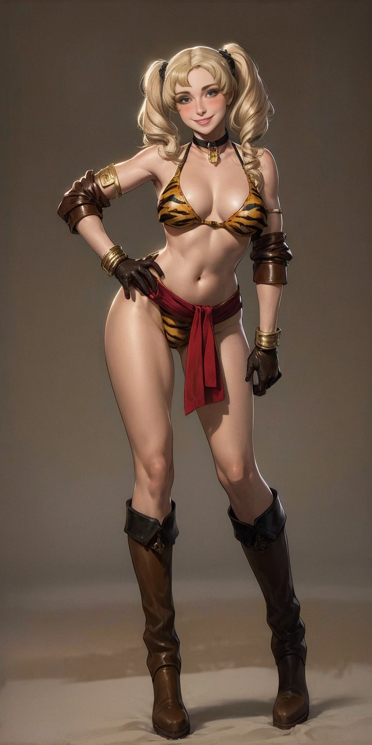 1girl, Forrest from Fire Emblem brown boots, brown gloves blonde twintails, full body, female BIMBO yellowish tiger print bikini, hands on waist, navel, lustful smirking smiling, smile face, red blushed, red cheeks, gold sleeveless armbands, black leather choker collar, sleeves bracelets wristband, leather corset