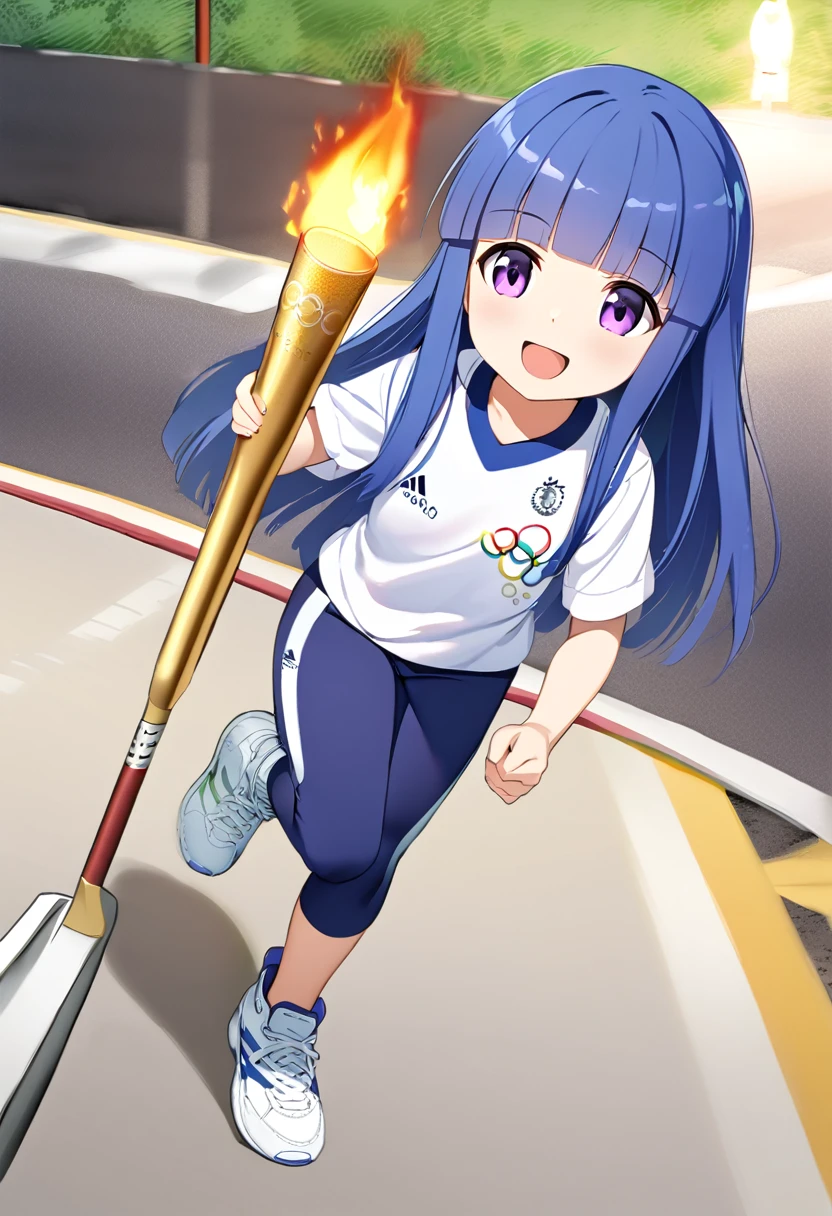 girl, alone, (Full Autorica), Blue Hair, Purple eyes, Long Hair, blunt bangs, bangs, 11 years old, Olympic, (torchbearer), Have, Olympic Torch, On the road, the way, smile, open mouth, shirt, holding, white shirt, outdoors, pants, white footwear, Light running, sportswear, 