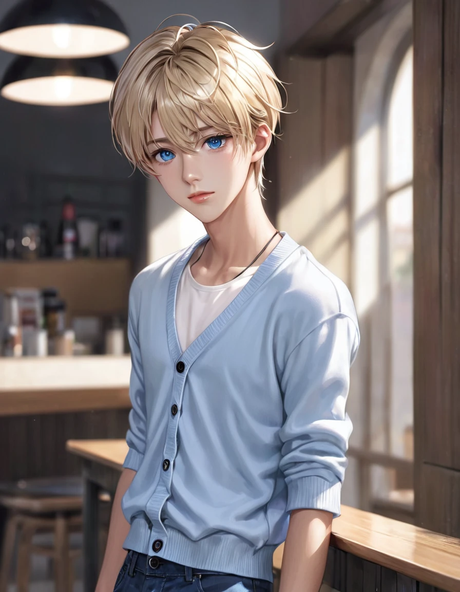 (best quality), 1boy, male, tanned skin, blonde hair, short hair, side bangs, beautiful hairstyle, blue eyes, perfect eyes, white cropped cardigan, blue shirt, skinny jeans, choker, femboy, slender, handsome, attractive, skinny body, masterpiece, anatomically correct, highres