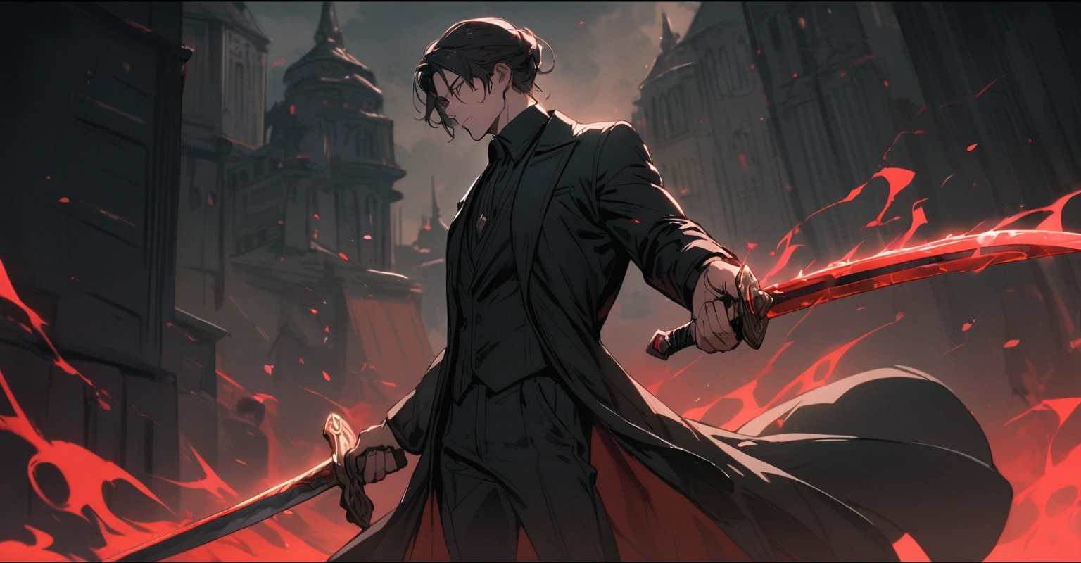 A man wearing a black outfit, black overcoat, holding a sword with red aura