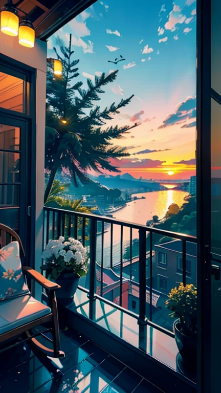 Balcony, terrace, balcony, Embankment, Huge, Potted plants, Flowers in a vase, Figures, Rocking Chair, bird, Sleeping kitten, Luxurious and comfortable interior, creative workshop, Decoration, Cozy artist's workshop, easel, Color Palette, acrylic coating, Painting, Large windows, Loggia, art, Awards, table, sofa, armchairs, mirror, crystallization, meditation, Harmony, There are many books hanging on the wall, View from the window, Ocean, Mountain々, Amazing sunset, flower arrangement, coating, brush, artist's theme, elegant, Dynamic bright lighting, happiness, Full Color, Multicolor, artificial, Highest detail, Great quality, The finer details, highlight, Neon Light, masterpiece, Best Color