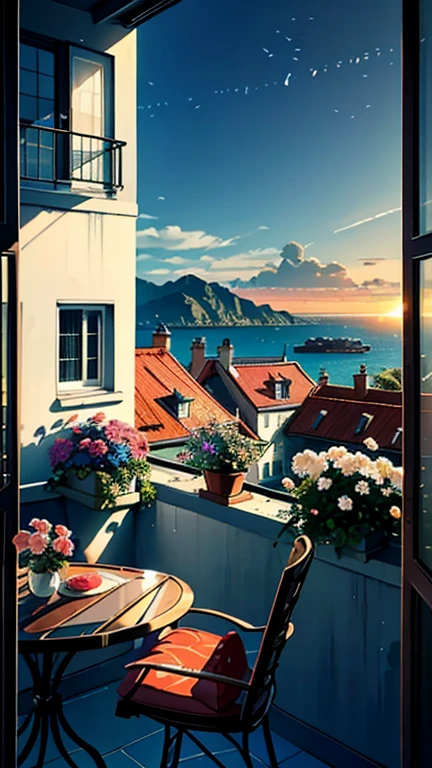 Balcony, terrace, balcony, Embankment, Huge, Potted plants, Flowers in a vase, Figures, Rocking Chair, bird, Sleeping kitten, Luxurious and comfortable interior, creative workshop, Decoration, Cozy artist's workshop, easel, Color Palette, acrylic coating, Painting, Large windows, Loggia, art, Awards, table, sofa, armchairs, mirror, crystallization, meditation, Harmony, There are many books hanging on the wall, View from the window, Ocean, Mountain々, Amazing sunset, flower arrangement, coating, brush, artist's theme, elegant, Dynamic bright lighting, happiness, Full Color, Multicolor, artificial, Highest detail, Great quality, The finer details, highlight, Neon Light, masterpiece, Best Color
