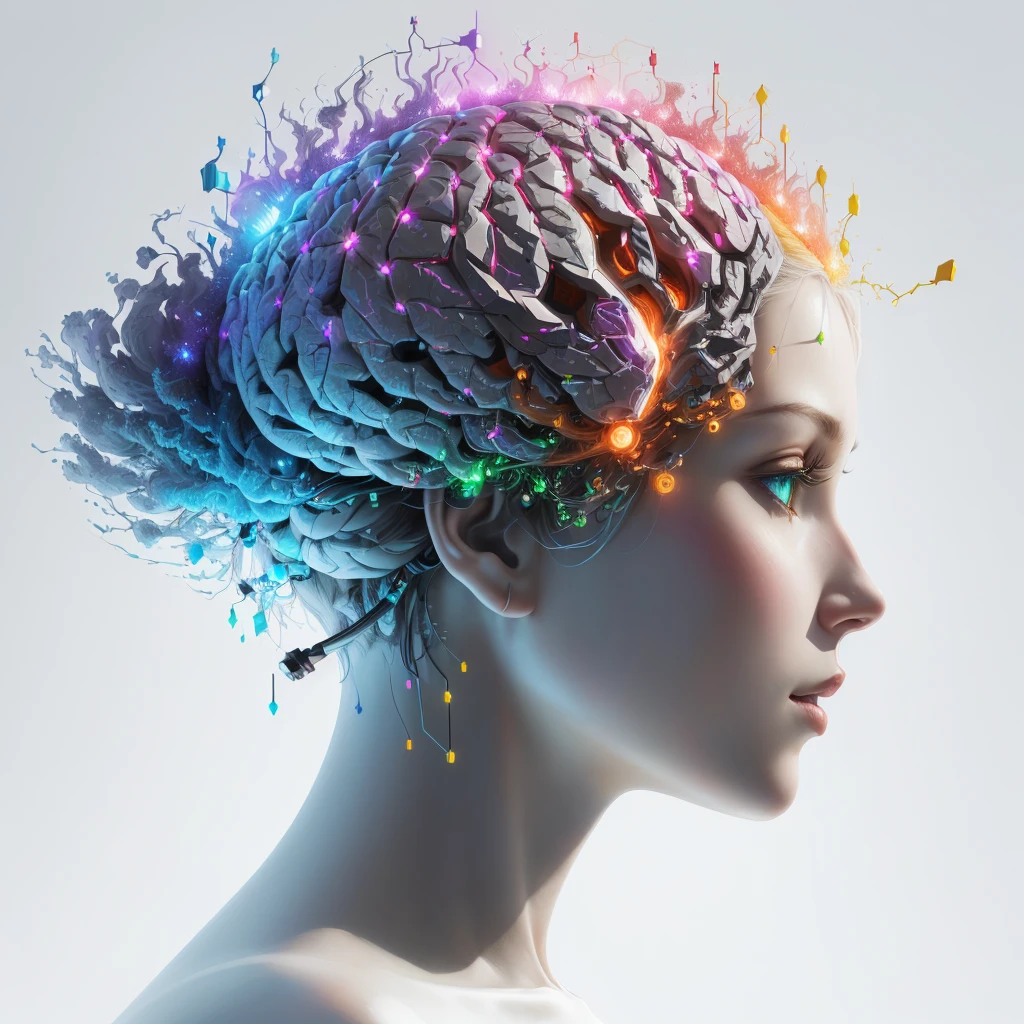 there is a woman with a colorful brain in her head, electronic brain, mental character, detailed glowing head, neuroscience, artistic illustration, female humanoid portrait, digitl art, digitl art, highly detailed vfx portrait of, visible circuit in the head, Nootropic Stimulant, synaesthesia, highly intricate in technicolor, por Adam Marczyński