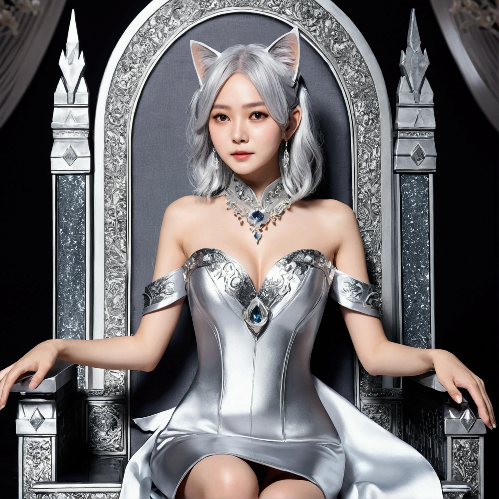 Cat ear、Silver Hair、Silver Dress、((Silver Palace))、technology、Is sitting on the throne
