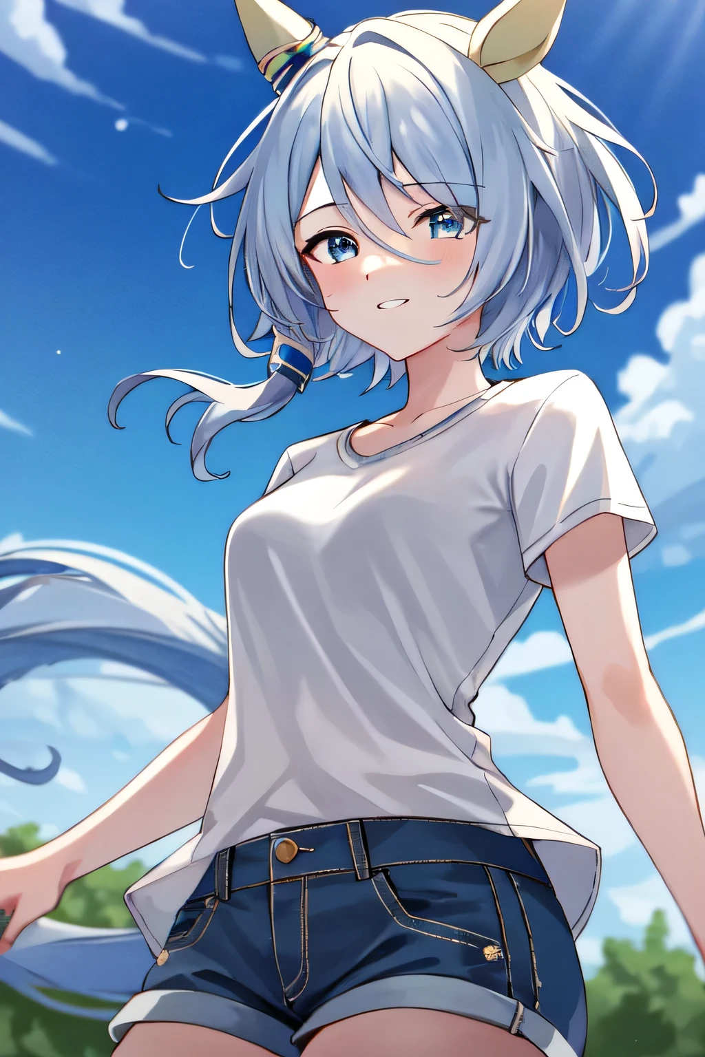 (masterpiece), highly detailed, best quality, (high resolution), 8k, 1girl, solo, k.s.miracle, umamusume, short hair, blue hair, horse ears, horse girl, horse tail, blue eyes, cinematic angle, looking at viewer, outdoor, denim shorts , white T-shirt, gentle smile, eyes visible through hair, hair over left eye