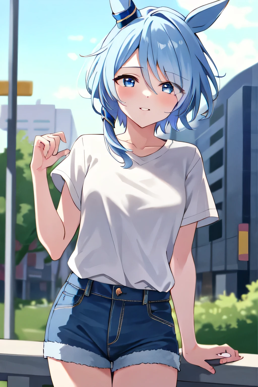 (masterpiece), highly detailed, best quality, (high resolution), 8k, 1girl, solo, k.s.miracle, umamusume, short hair, blue hair, horse ears, horse girl, horse tail, blue eyes, cinematic angle, looking at viewer, outdoor, denim shorts , white T-shirt, gentle smile, eyes visible through hair, hair over left eye