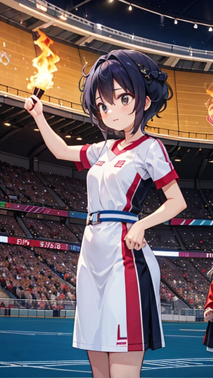 A woman watching the cheers from the stands ,Olympic stadium, (enthusiastic crowd),A large audience, Olympic cauldron, Olympic flame, Olympic rings,Olympic symbols