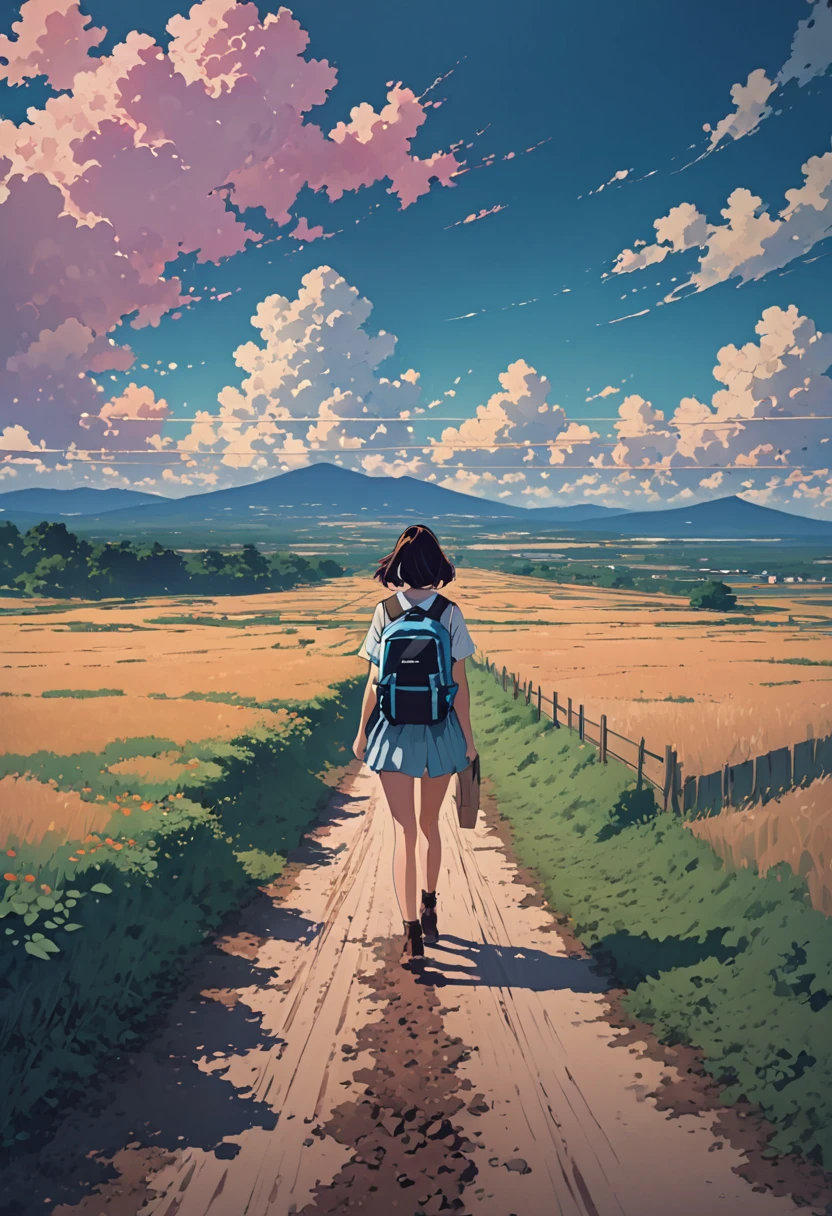 there is a woman walking down a dirt road with a backpack, anime style mixed with fujifilm, style of alena aenami, girl clouds, artistic. alena aenami, in style of makaoto shinkai, makoto shinkai cyril rolando, ilya kuvshinov landscape, in the distance, style of makoto shinkai