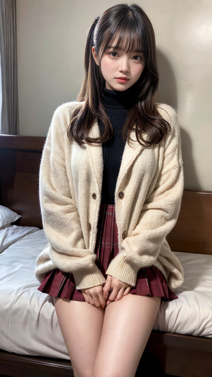 masterpiece, best quality, illustration, Super detailed, fine details, High resolution, 8K,wall paper, perfect dynamic composition,(Details High quality, realistic depiction of eyes:1.3),(Fleece jacket, turtleneck sweater, pleated skirt:1.2), long straight hair, black hair color, Big Natural Color Lip, crying a little、Harajuku style、20 year old girl、cute type、lolita、beautiful legs, hotel room, Gravure Idol, Voluptuous thighs