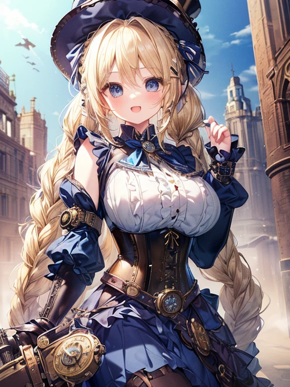 masterpiece,best quality,(Super detailed),Perfect lighting, Highly detailed CG,Super detailed,(highly detailed eyes,very cute face,Highly detailed face:1.3),beautiful anime girl,(solo girl),(Super huge breasts:1.4),(Sensual,charming:1.4),(Blonde,Shoulder length hair,Double braids,Let your hair fall forward:1.5),(big light blue eyes),(Very happy smile,open your mouth:1.3),rest,(steampunk costume,White ruffled shirt,Juliette sleeves,leather corset,Navy blue layered skirt,silk hat:1.5),lace stockings,steampunk background,steampunk city,huge bell tower,Standing,dynamic poses,Cowboy shooting，Sky Striker Reiyi