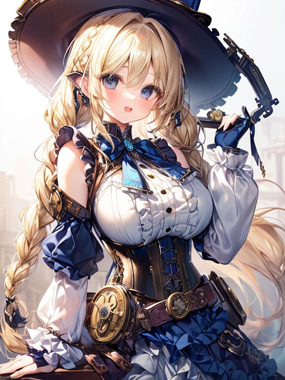 masterpiece,best quality,(Super detailed),Perfect lighting, Highly detailed CG,Super detailed,(highly detailed eyes,very cute face,Highly detailed face:1.3),beautiful anime girl,(solo girl),(Super huge breasts:1.4),(Sensual,charming:1.4),(Blonde,Shoulder length hair,Double braids,Let your hair fall forward:1.5),(big light blue eyes),(Very happy smile,open your mouth:1.3),rest,(steampunk costume,White ruffled shirt,Juliette sleeves,leather corset,Navy blue layered skirt,silk hat:1.5),lace stockings,steampunk background,steampunk city,huge bell tower,Standing,dynamic poses,Cowboy shooting,Sky Striker Reiyi