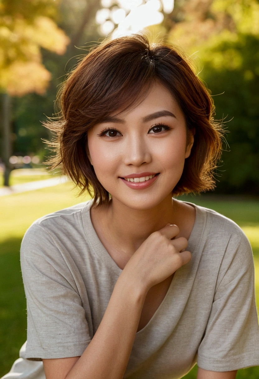 Below is a proposal for a realistic photo representation:
A beautiful female figure model with short brown hair, framed by warm light, poses confidently against a subtle background of a park with trees. Her face is centered, with large brown eyes and thick eyelashes, a small Asian-inspired nose, and full lips that curve into a wide smile. She is nude, accompanied by a casual sneaker on her foot. The focus is on the model's bold expression, accentuated by a striking clothing choice.
