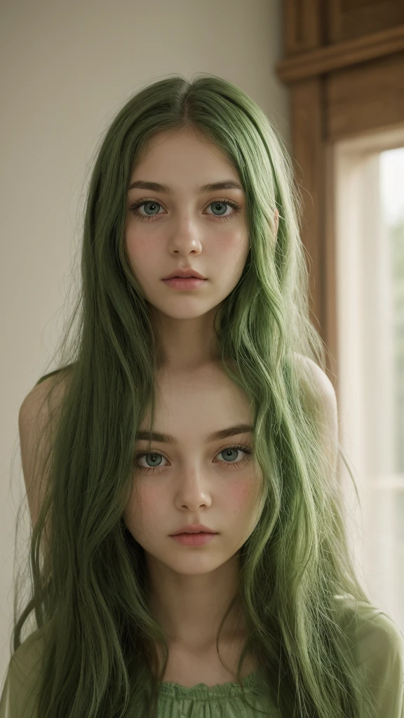 a girl.  Europe.  Extremely detailed face.  Oval face.  delicate facial features.  long face.  charming.  gentle sad eyes.  long messy hair.  green hair.  green eyes.  Sad.  shy.  green silk nightgown