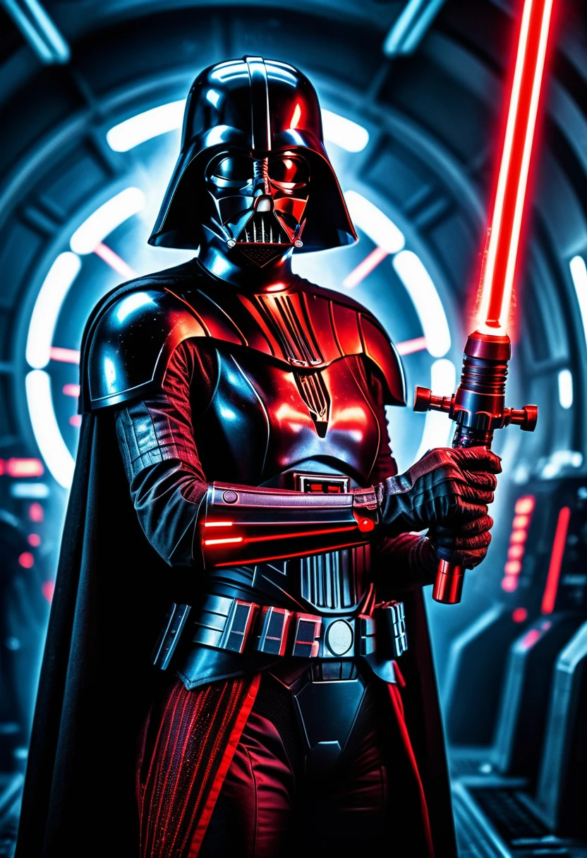A futuristic female Dart Vader, holding her red lighsaber, machinery, digital engraving, deep glow effect, hdr, light particles, cinematic lighting, depth of field, inspired by tim Burton Style 