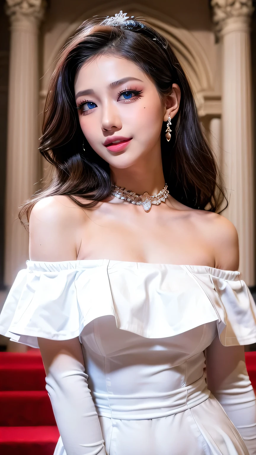 (High resolution photo, bust, 1 girl, 28 years old, woman, facial details, baby fat, waist accessories, smile, showing less teeth, white skin, upper body, luxury off shoulder dress outfit, model pose, at the church)