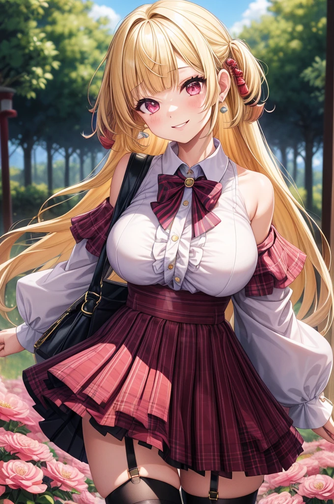 1 girl, alone, blond, scene hair, hairpin, pink stripes, striped hair, long hair, Off-the-shoulder shirt, outdoor, Flower Field, forest, Beautiful sky, plant, Autonomous system, Bare shoulders, miniskirt, Plaid skirt, garter belt, earrings, thick lips, pink eyes, layered hair, Huge breasts, Long sleeve, Thick thighs, (Japanese cartoon:1.2), blunt bangs, Eye makeup, collar, bowtie, Permanent, handbag, pearl earrings, Cowboy shooting, Head tilt, Smile,