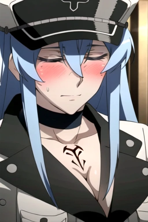 Esdeath, aroused facial expression, blush, sweat, closed eyes, breasts, large breasts, hat, cleavage, choker, hair between eyes, uniform, military, military uniform, tattoo, peaked cap, chest_tattoo, close-up