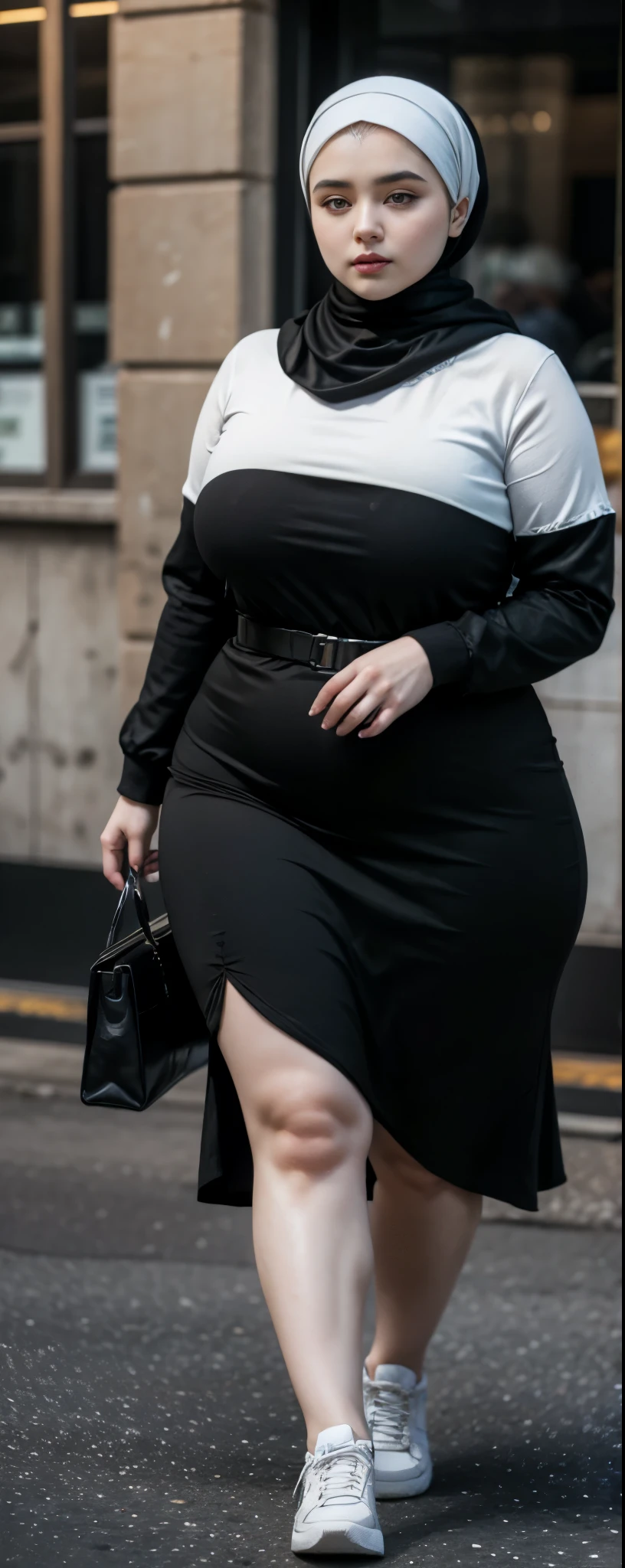 Milky white skin woman in black dress and hijab walking down the street, , hijab outfit, , hijab fashion model, plus size, plus size woman, , woman in black robes, beautiful woman, thicc, black outfit,, bbwchan , white sneakers , Height 170 cm, beautiful woman, with a beautiful appearance, a very beautiful masterpiece, a masterpiece of art, good lighting, Bright colors, Clean lines