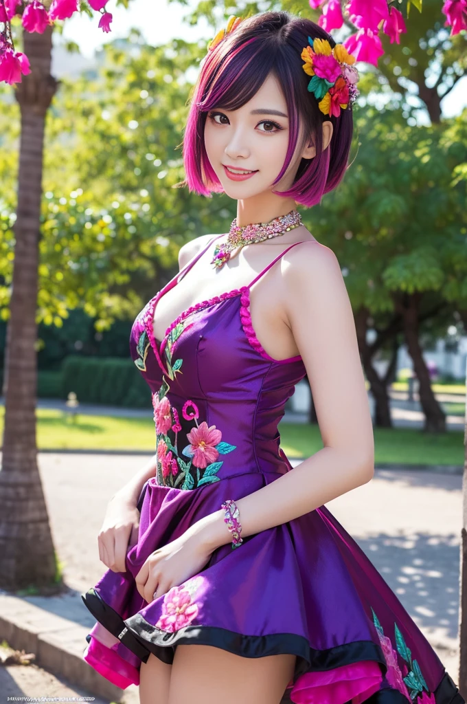 (masterpiece:1.4), (best quality:1.4), ultra high res, ultra high resolution, ((detailed facial features)), HDR, (realistic, photorealistic, photo-realistic:1.37), full body Esbian, sexy Thai model, (-anime), only 1 model, vivid colors, ((vivid colors multicolor (fuchsia, pink, light blue, purple) very short hair)), (seductive smile), lip-gloss, long lashes, defined eyebrows, wearing large sparkling colorful jewelery, wearing a red silk Paradise Kiss cosplay dress with black floral embroidery, ((vivid colors outfit)), vivid colors, look at the camera, cinematic light, large park background with trees, sweet and sexy pose