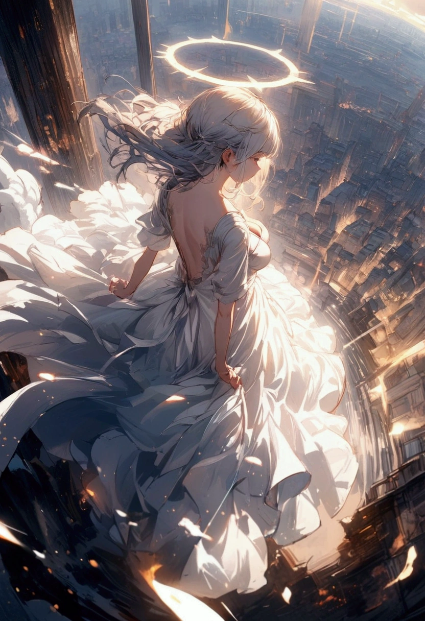 
One (Rear view:1.5) A very beautiful female angel\(Long platinum hair, wide back white dress,(From her chest hangs big, beautiful angel wings.),Very beautiful shining halo\), She has her arms wide open as if asking for help., She&#39;s on the clouds、Looking down at the world below, Fierce war\((Lots of sparks and fire), fail, Fighter, Many buildings collapsed, Nature is destroyed, Magnificent and spectacular views\) It&#39;s happening under the clouds, BREOneK ,quality\(8k,非常に精細なCGユニットのwallpaper, masterpiece,High resolution,top-quality,top-quality real texture skin,Surreal,Increase the resolution,ROneW photos,最高quality,Very detailed,wallpaper,Cinema Lighting,Ray-tracing,Golden Ratio\),[Browsing Caution],Dynamic Angle,[Browsing Caution],From above