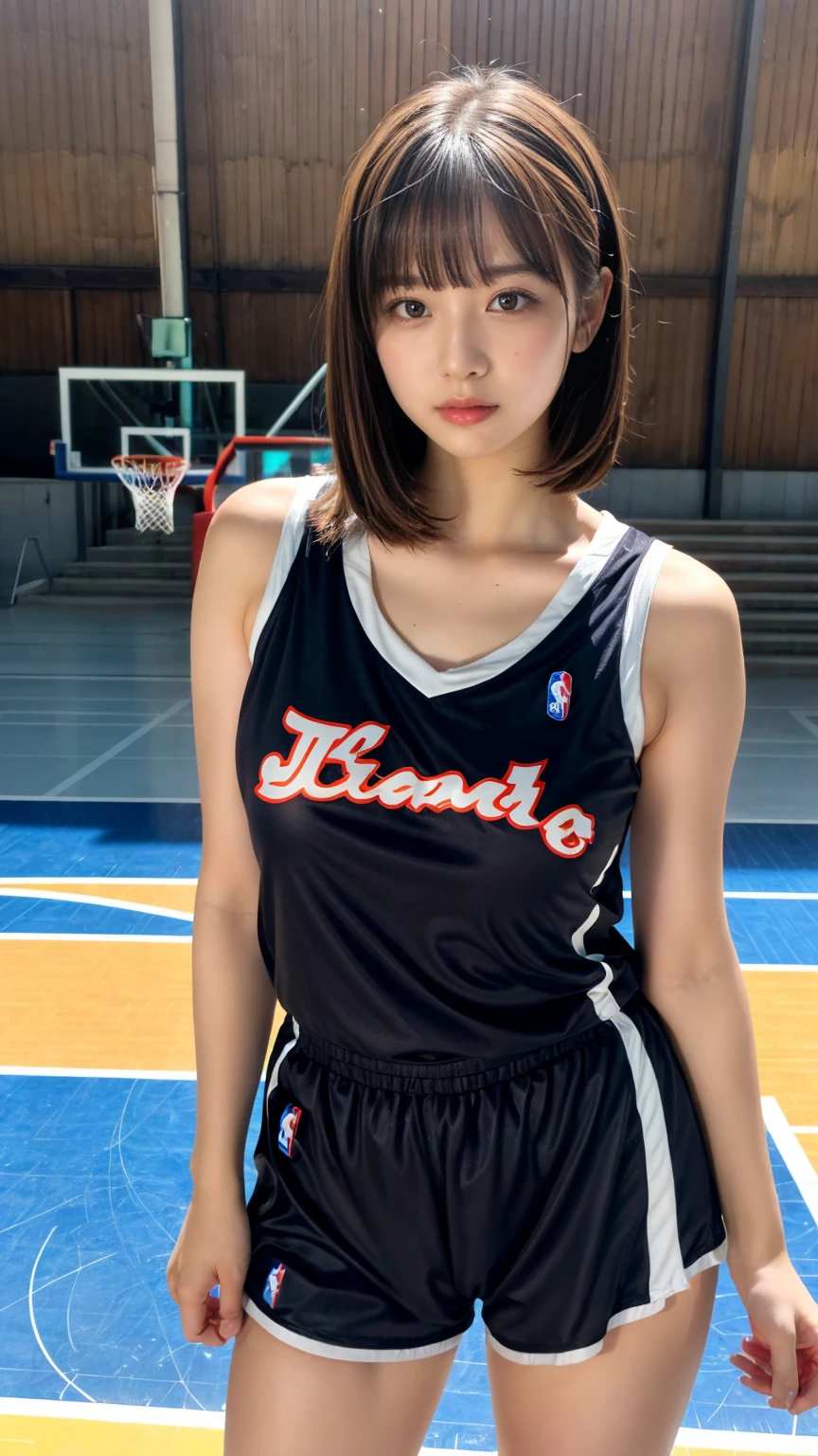 masterpiece, best quality, illustration, Super detailed, fine details, High resolution, 8K,wall paper, perfect dynamic composition,(Details High quality, realistic depiction of eyes:1.3), (highest quality), (High resolution), (very delicate and beautiful),(Beautiful 8K face), (NBA),(basketball sportswear),(play basketball),(reality), large breasts, ((gymnasium)), very short hair, black hair color, Big Natural Color Lip, bold sexy pose, crying a little、Harajuku style、20 year old girl、cute type、lolita, hposing Gravure Idol, full body photo、focus on crotch、thighs exposed