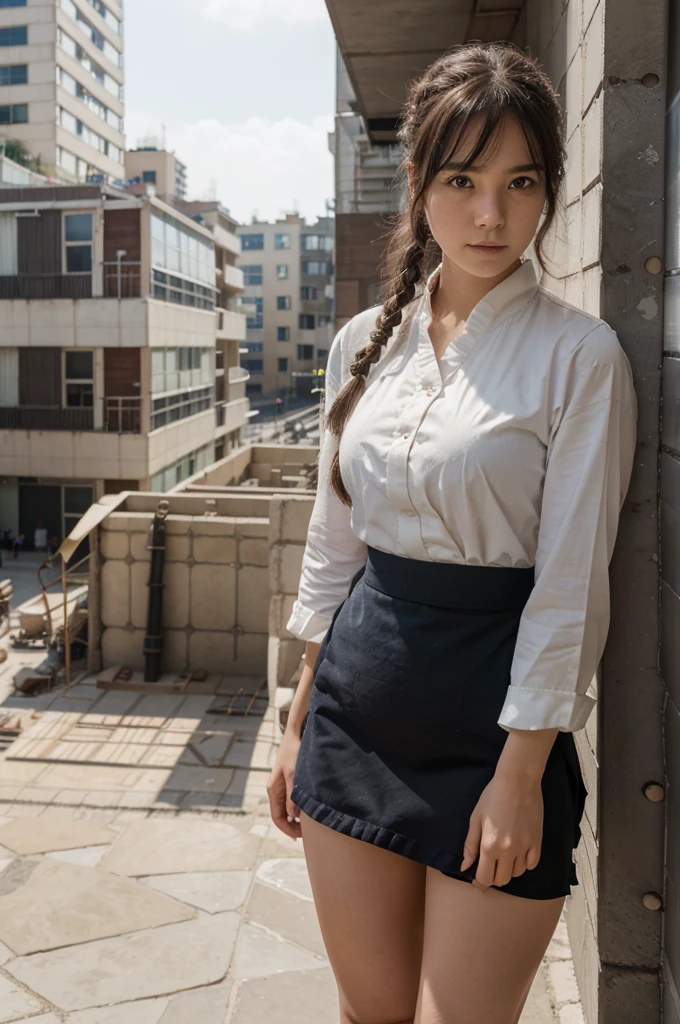 1fille,jambes,a girl at building,(((building))),  braided bangs,queue de cheval tressée,(bare:1.2),apron,thick thighs,side tie panties, black har,  ans,regarder le spectateur, sunlight,Hanfu, 