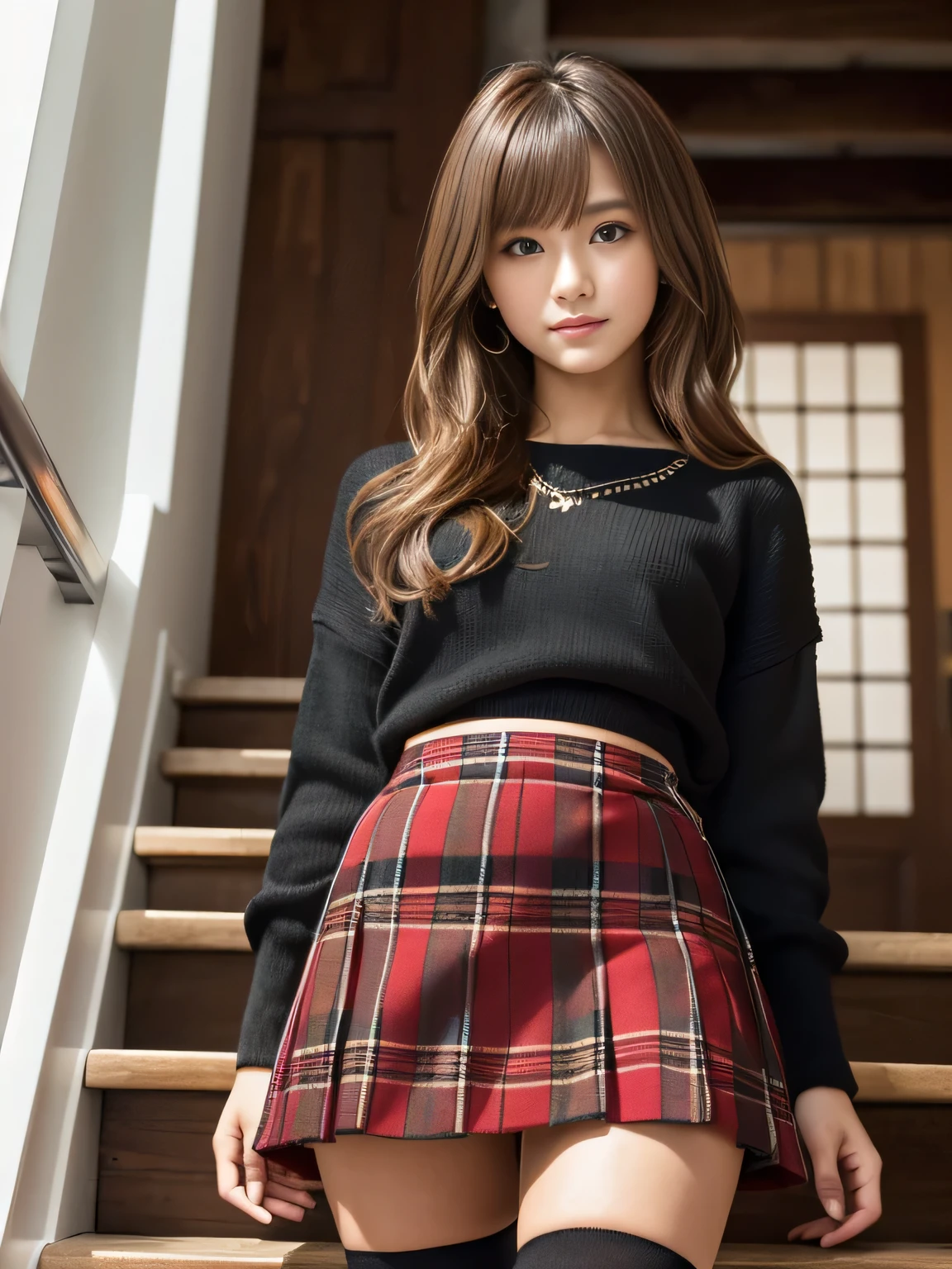 masterpiece, best quality, ultra-detailed, intricately detailed hyperdetailed, realistic, sharp features, highly detailed, sharp focus, Realistic, Photorealistic:1.3, (19 years old:1.3), perfect face, perfect symmetrically eyes, perfect full lips, hyper detailed, hyper realistic, high resolution, Fashion Model, Japanese Idol, Slender, brown hair, Stylish, model poses, Beautiful Face, light brown hair, messy hair, asymmetrical bangs, (seductive smile:1.2), (looking at viewer), (from below), cinematic lighting, blurred background, (Black knit:1.2), ((red mini plaid skirt, black high socks)), (staircase landing),