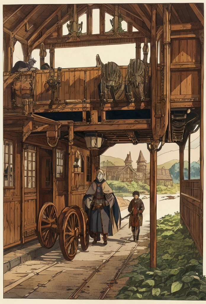 Transport, Long transport, Mechanical legs in the front part, Walker transport, Meny wheels, Savannah, Fantasy transport, Medieval transport, Medieval fantasy, Long main cabin, Spotlights, Steam from pipes in the tail, Passenger carriages, In move, Full length