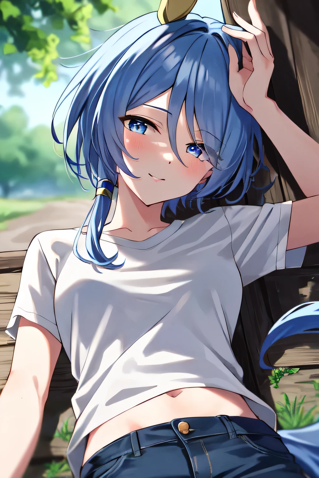 (masterpiece), highly detailed, best quality, (high resolution), 8k, 1girl, solo, k.s.miracle, umamusume, short hair, blue hair, horse ears, horse girl, horse tail, blue eyes, cinematic angle, looking at viewer, (outdoor), lying, denim shorts , white T-shirt, gentle smile, eyes visible through hair, hair over left eye