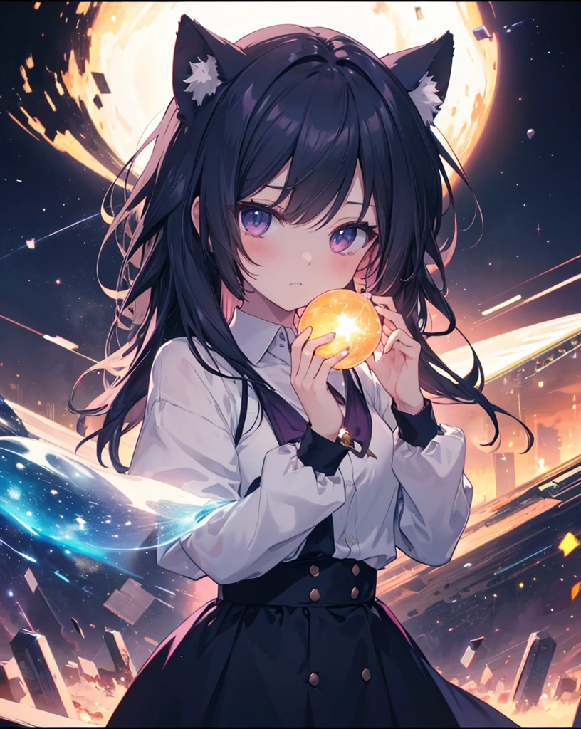 anime nekogirl, with neko ears, looking at a shooting star above the clouds, highly detailed raw color photo, dynamic pose, (cosmic: 1.4), (necropolis: 1.1), (science fiction setting), chromatic aberration, depth of field, soft lighting, masterpiece, best quality, intricate, (lens reflection: 0.7), (flowering: 0.7), particle effects, ray tracing. She's holding a star.she has tremendous power.